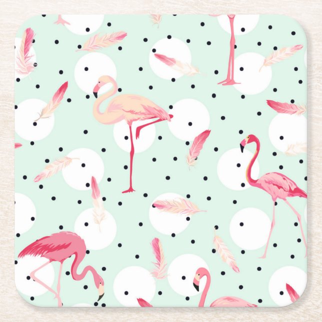 Flamingo Bird With Feathers Square Paper Coaster (Front)