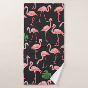 flamingo bird with monstera palm leaves pattern.  bath towel