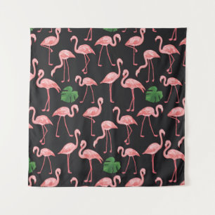 flamingo bird with monstera palm leaves pattern.  tapestry