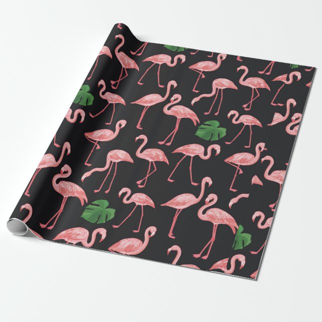 flamingo bird with monstera palm leaves pattern.  wrapping paper (Unrolled)