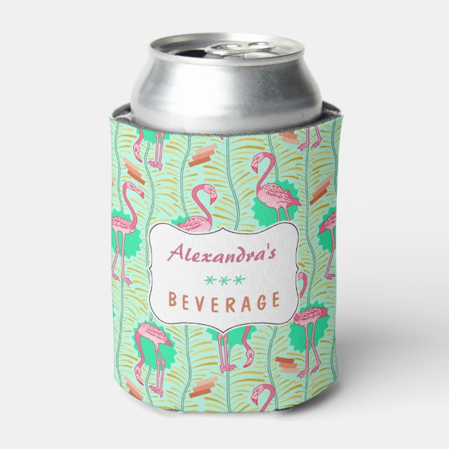 Flamingo Birds 20s Deco Fern Pattern Summer Custom Can Cooler (Can Front)