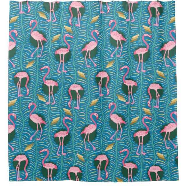 Flamingo Birds 20s Deco Ferns Blue Gold Tropical Shower Curtain (Front)