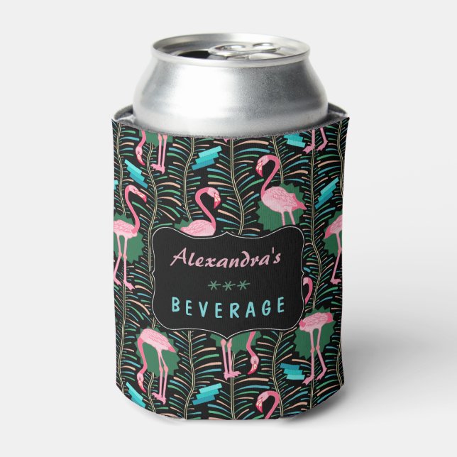 Flamingo Birds 20s Deco Ferns Pattern Black Custom Can Cooler (Can Front)