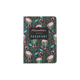 Flamingo Birds 20s Deco Ferns Pattern Black Custom Passport Holder