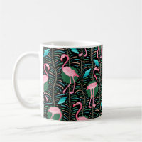 Flamingo Birds 20s Deco Ferns Pattern Black Green