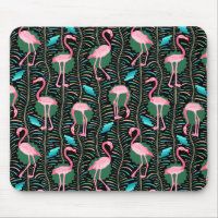 Flamingo Birds 20s Deco Ferns Pattern Black Green