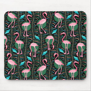 Flamingo Birds 20s Deco Ferns Pattern Black Green Mouse Mat