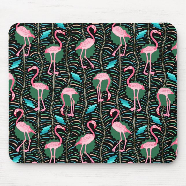 Flamingo Birds 20s Deco Ferns Pattern Black Green Mouse Mat (Front)