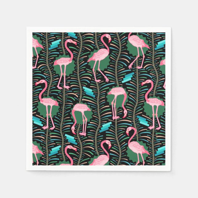 Flamingo Birds 20s Deco Ferns Pattern Black Green Napkin (Front)