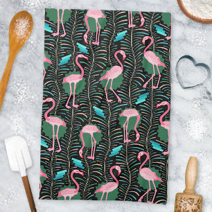 Flamingo Birds 20s Deco Ferns Pattern Black Green Tea Towel