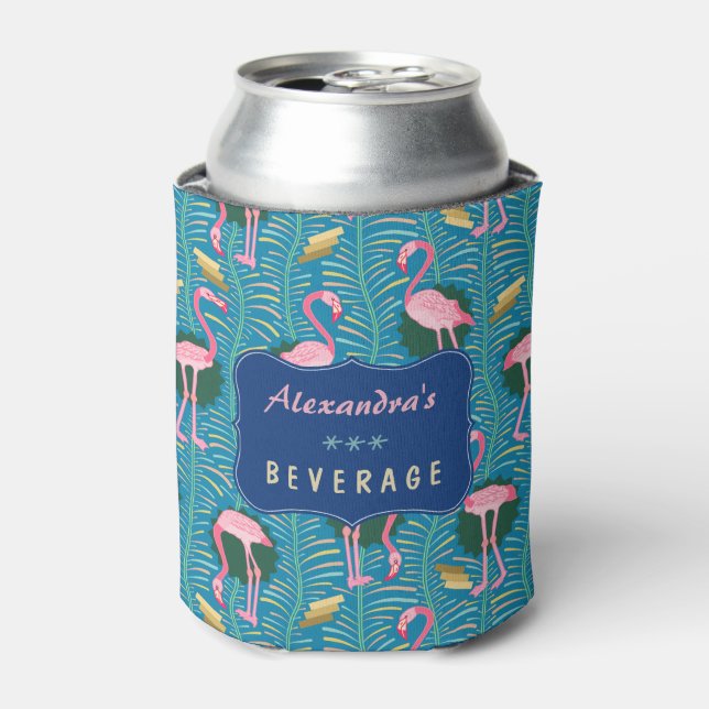 Flamingo Birds 20s Deco Ferns Pattern Blue Custom Can Cooler (Can Front)