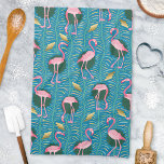 Flamingo Birds 20s Deco Ferns Pattern Blue Gold Tea Towel<br><div class="desc">This elegant flamingo bird pattern decorative design is made in a retro 20s Art Deco style. The bright pink flamingos rest against a background that includes fern fronds in bold colours and geometric rectangular shapes in shades of gold, all on a backdrop of vintage blue. This original, stylised design is...</div>