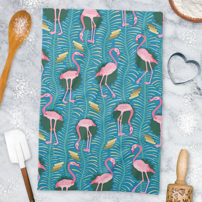 Flamingo Birds 20s Deco Ferns Pattern Blue Gold Tea Towel (Creator Uploaded)