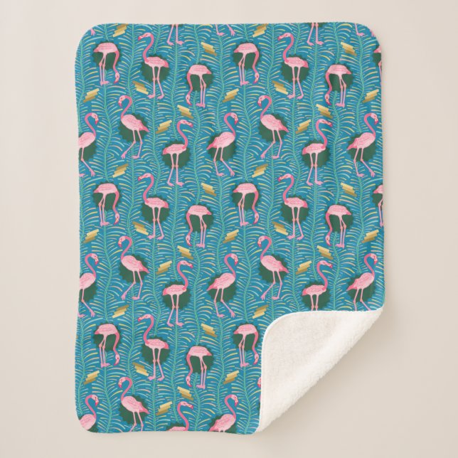 Flamingo Birds 20s Deco Ferns Pattern Pink Teal Sherpa Blanket (Front)