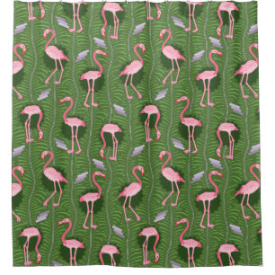 Flamingo Birds 20s Deco Green Ferns Tropical Retro Shower Curtain