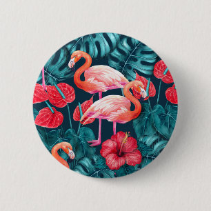 Flamingo birds and tropical garden watercolor 6 cm round badge