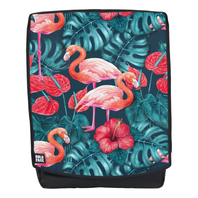 Flamingo birds and tropical garden watercolor backpack (Front)