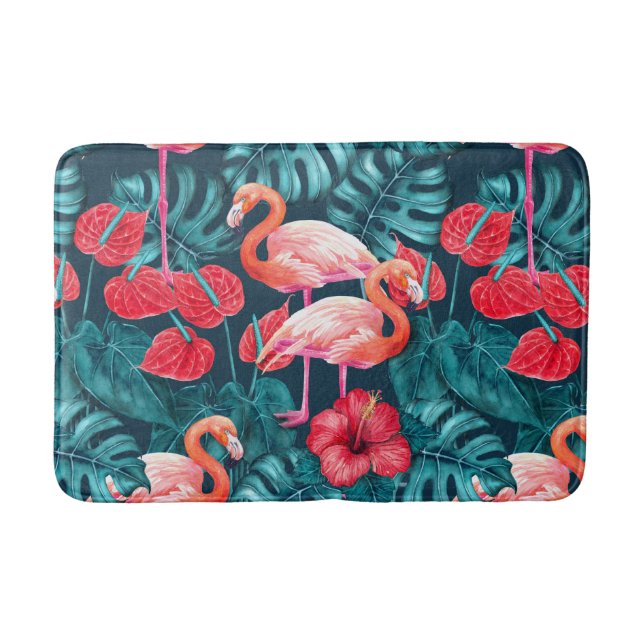 Flamingo birds and tropical garden watercolor bath mat (Front)