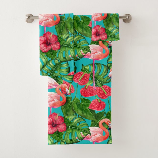 Flamingo birds and tropical garden watercolor bath towel set (Insitu)