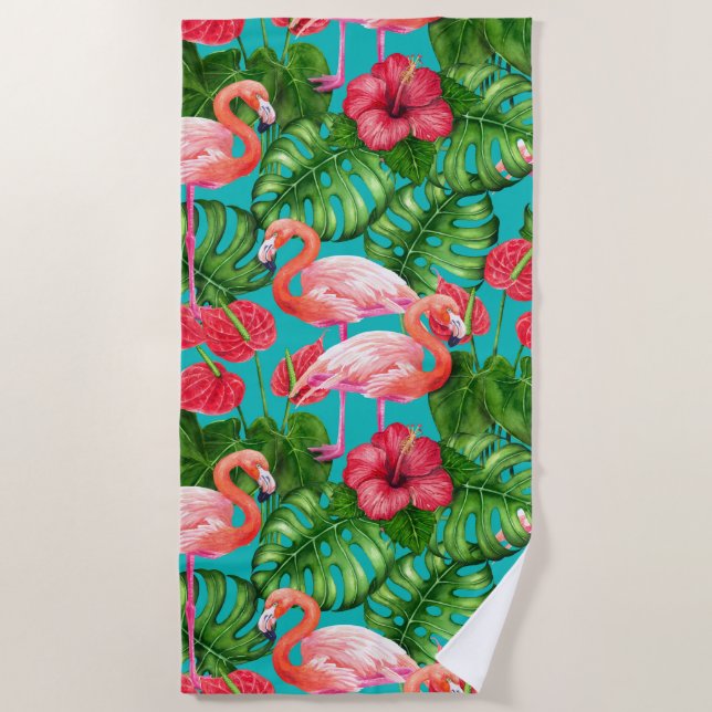 Flamingo birds and tropical garden watercolor beach towel (Front)
