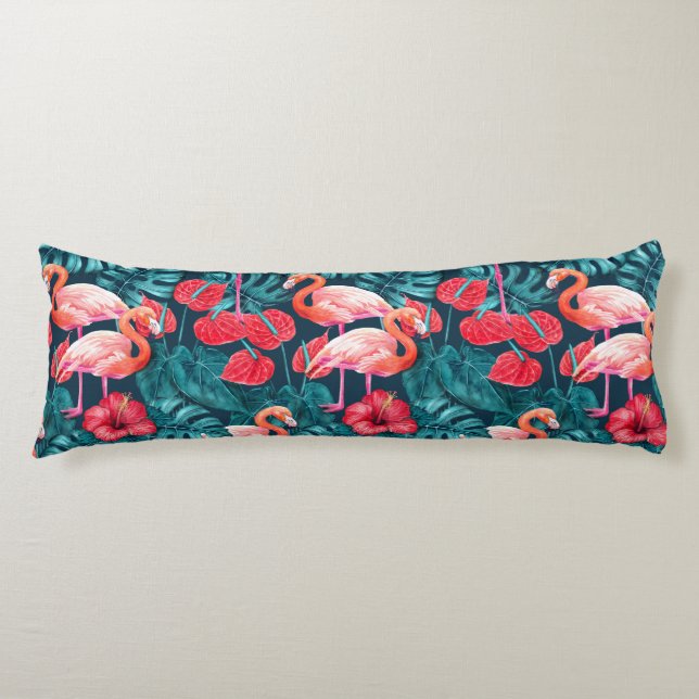 Flamingo birds and tropical garden watercolor body cushion (Front)