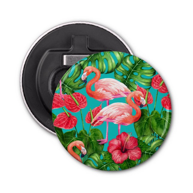 Flamingo birds and tropical garden watercolor bottle opener (Front)