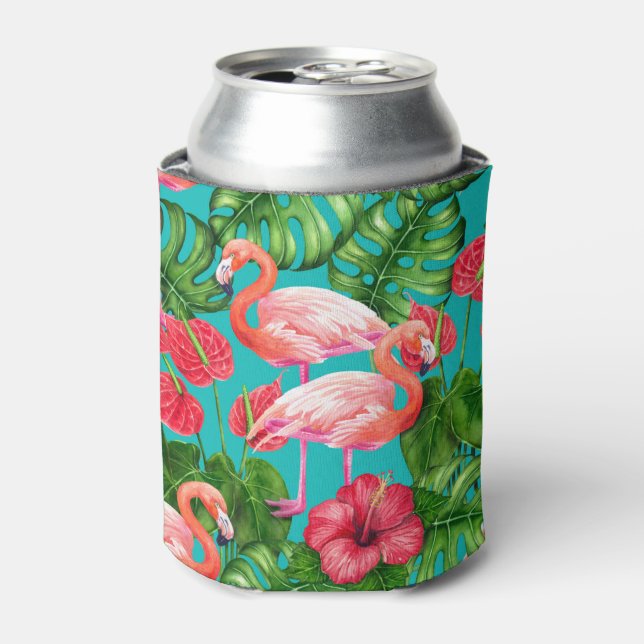 Flamingo birds and tropical garden watercolor can cooler (Can Front)
