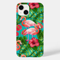 Flamingo birds and tropical garden watercolor