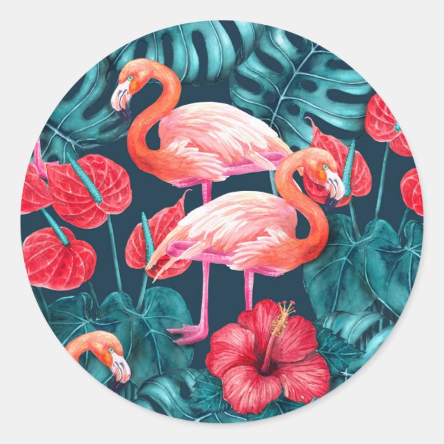 Flamingo birds and tropical garden watercolor classic round sticker (Front)