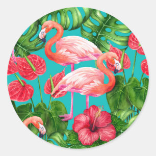 Flamingo birds and tropical garden watercolor classic round sticker
