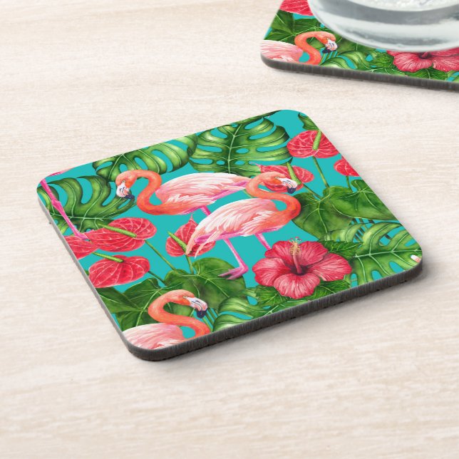 Flamingo birds and tropical garden watercolor coaster (Left Side)