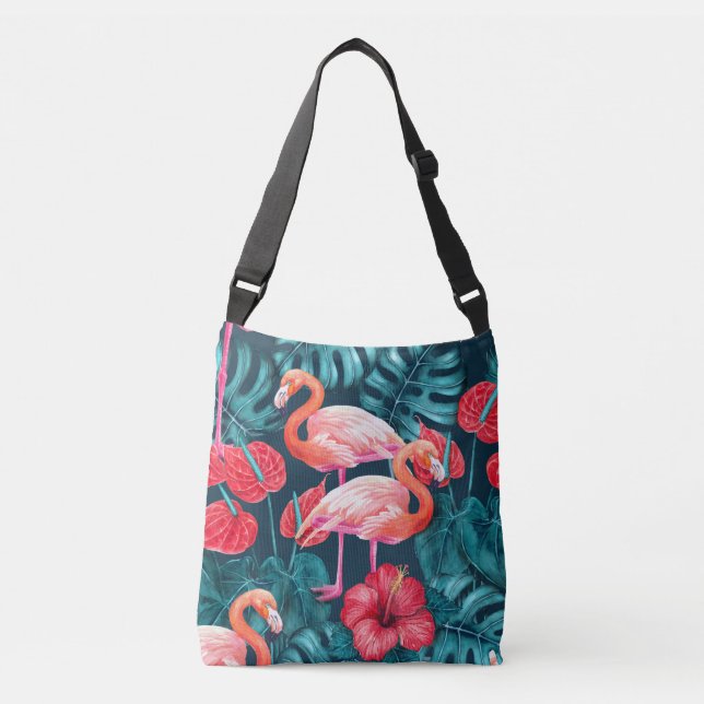 Flamingo birds and tropical garden watercolor crossbody bag (Front)