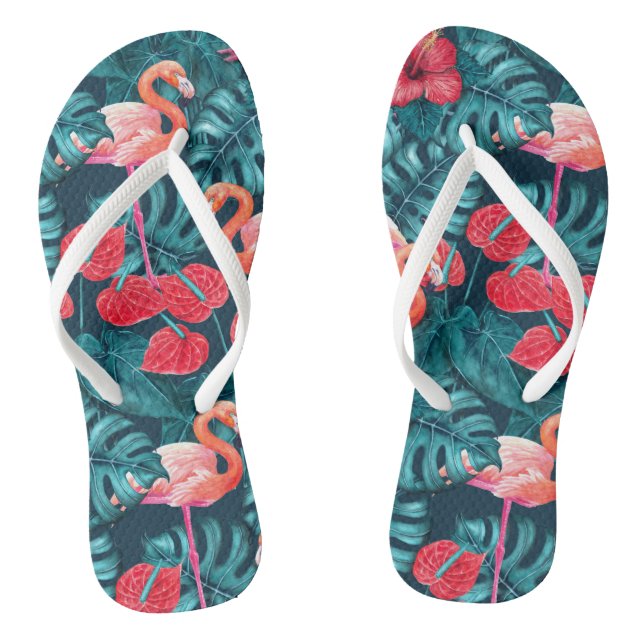 Flamingo birds and tropical garden watercolor flip flops (Footbed)
