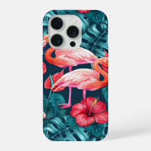 Flamingo birds and tropical garden watercolor iPhone 15 pro case