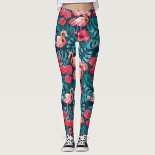 Flamingo birds and tropical garden watercolor leggings
