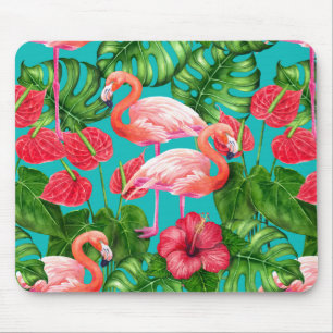 Flamingo birds and tropical garden watercolor mouse mat