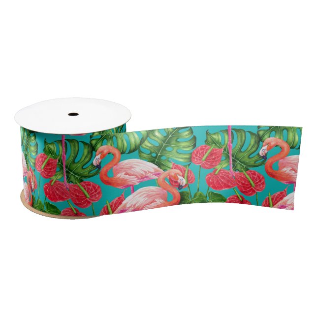 Flamingo birds and tropical garden watercolor satin ribbon (Spool)