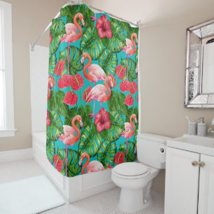 Flamingo birds and tropical garden watercolor shower curtain