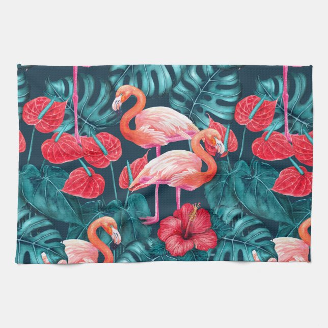 Flamingo birds and tropical garden watercolor tea towel (Horizontal)