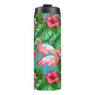 Flamingo birds and tropical garden watercolor thermal tumbler