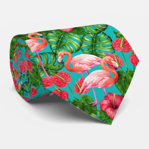 Flamingo birds and tropical garden watercolor tie