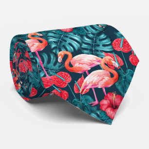 Flamingo birds and tropical garden watercolor tie
