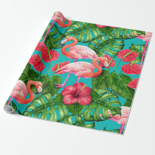 Flamingo birds and tropical garden watercolor wrapping paper