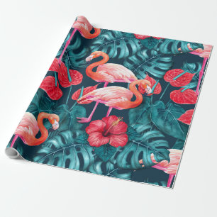 Flamingo birds and tropical garden watercolor wrapping paper