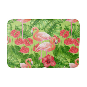 Flamingo birds and tropical plants bath mat
