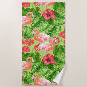 Flamingo birds and tropical plants beach towel