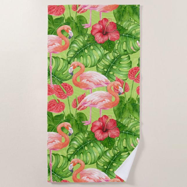 Flamingo birds and tropical plants beach towel (Front)