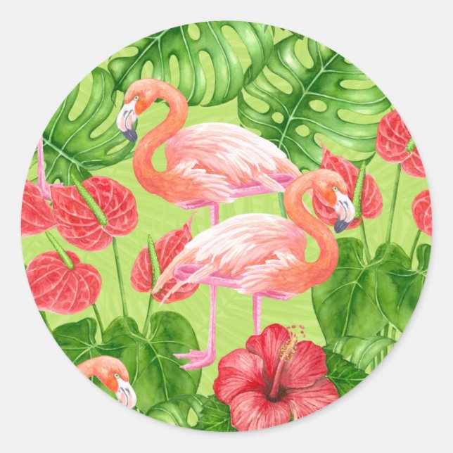 Flamingo birds and tropical plants classic round sticker (Front)