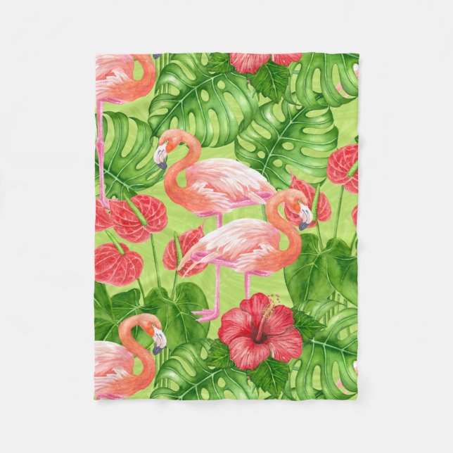 Flamingo birds and tropical plants fleece blanket (Front)