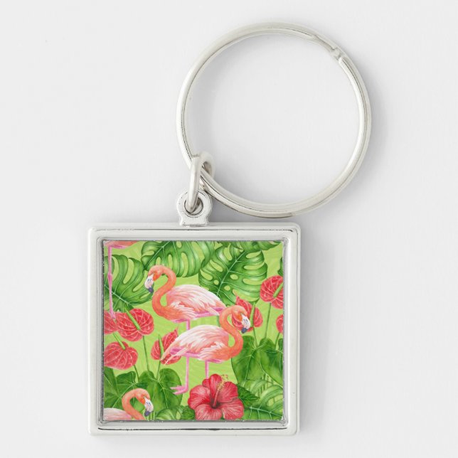 Flamingo birds and tropical plants key ring (Front)